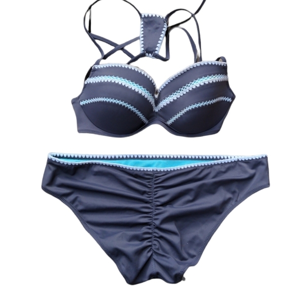 SHADE & SHORE Gray & Turquoise Detailed Boho Bikini Top And Bottom - Picture 3 of 9